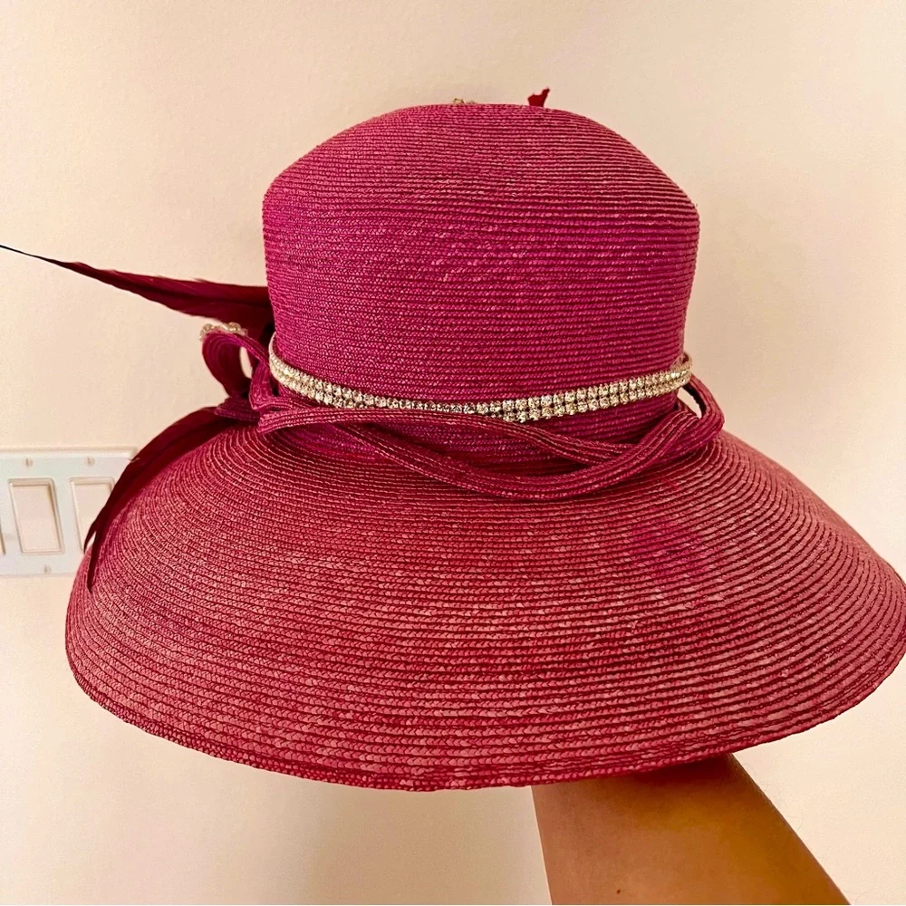 NWT CORTI Italy‎ Wide Brim Rhinestone Feather Church Wedding Formal Hat Pink Vtg